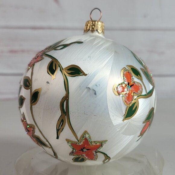 Authentic European Glass Pointsettia Ornament Hand Painted Sparkle Floral VTG - Picture 4 of 8